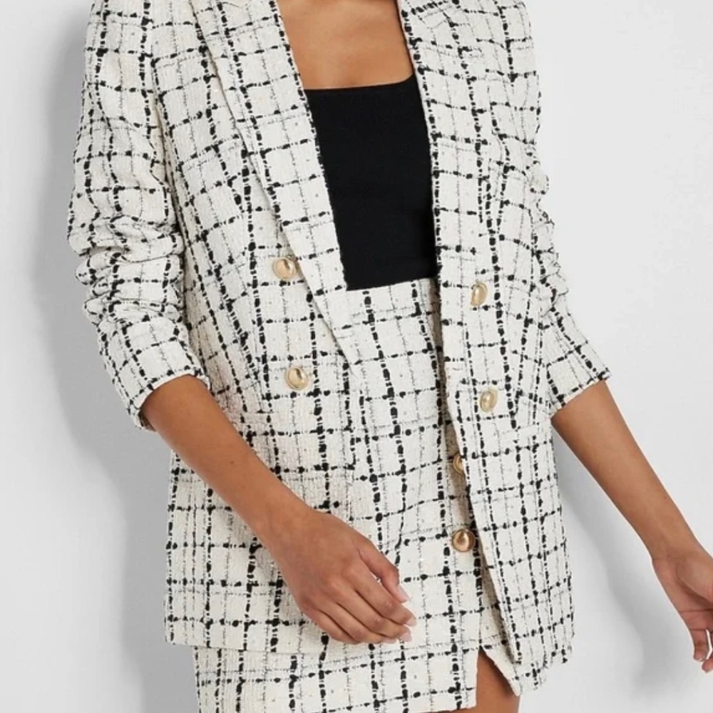 EXPRESS Plaid Tweed Boyfriend Blazer & High Waisted Button Mini Skirt Suit Set 6 - Picture 3 of 5